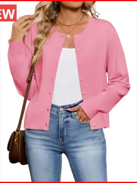 Lightweight Cardigan Sweater with Button Down Closure, Crew Neck - Picture 3 of 7